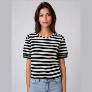 Karl Lagerfeld Paris Black White Stripe Branded Short Sleeve Knit Top S